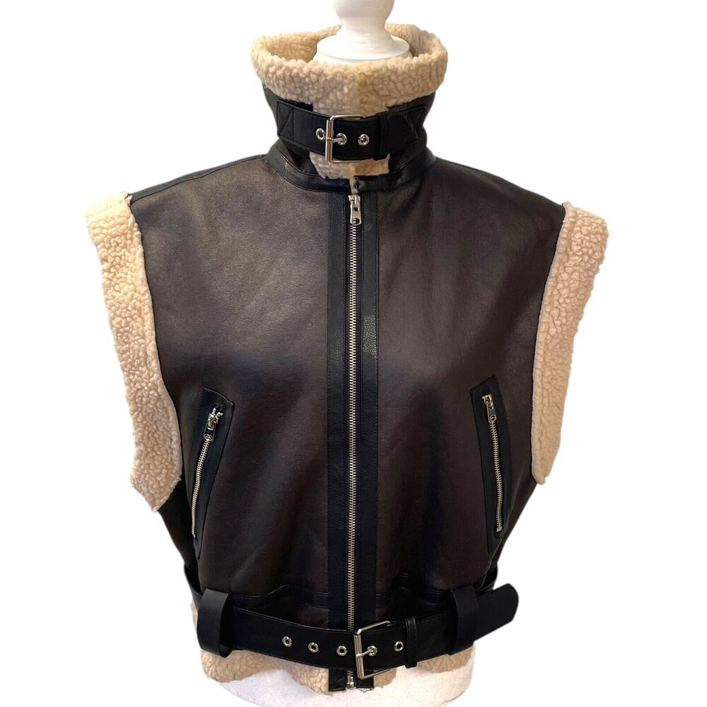 Commense Moto Style Sherpa Lined Brown Faux Leather Vest L